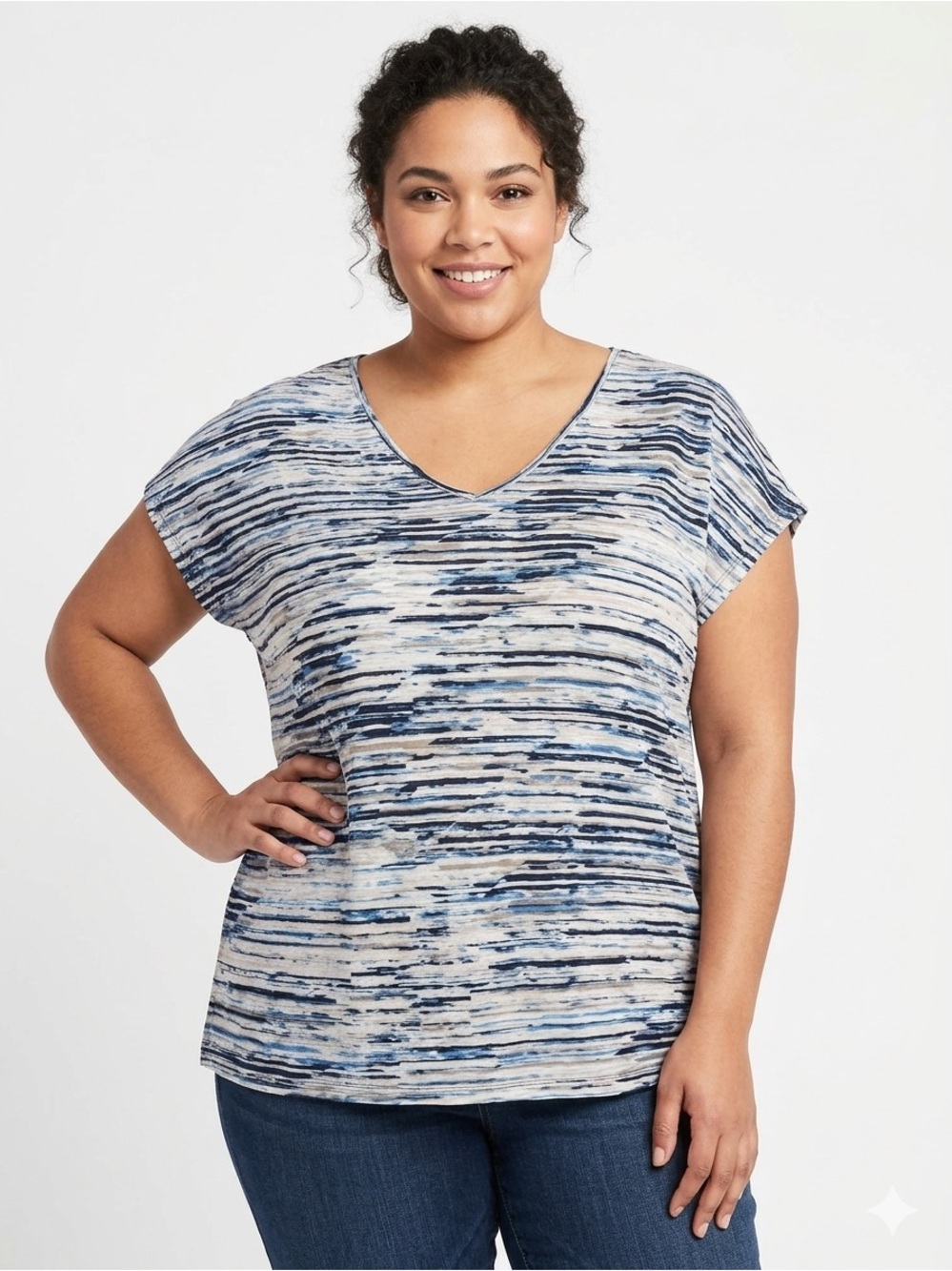 Kenar Woman Lady Plus Size 2X 22/24 Blue Horizontal Striped V-Neck Shirt Top